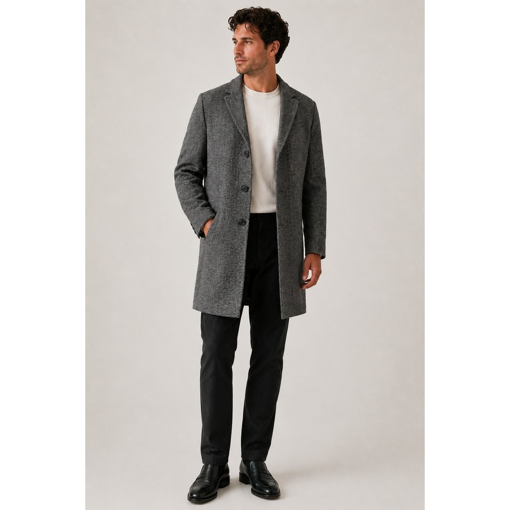 Gap Herringbone Wool Blend Topcoat MEN‎ Medium Grey Black Long Jacket Coat